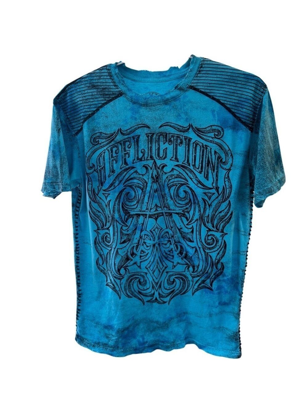 Affliction Mens Turquoise and Black Short Sleeve Tee Shirt Size Large